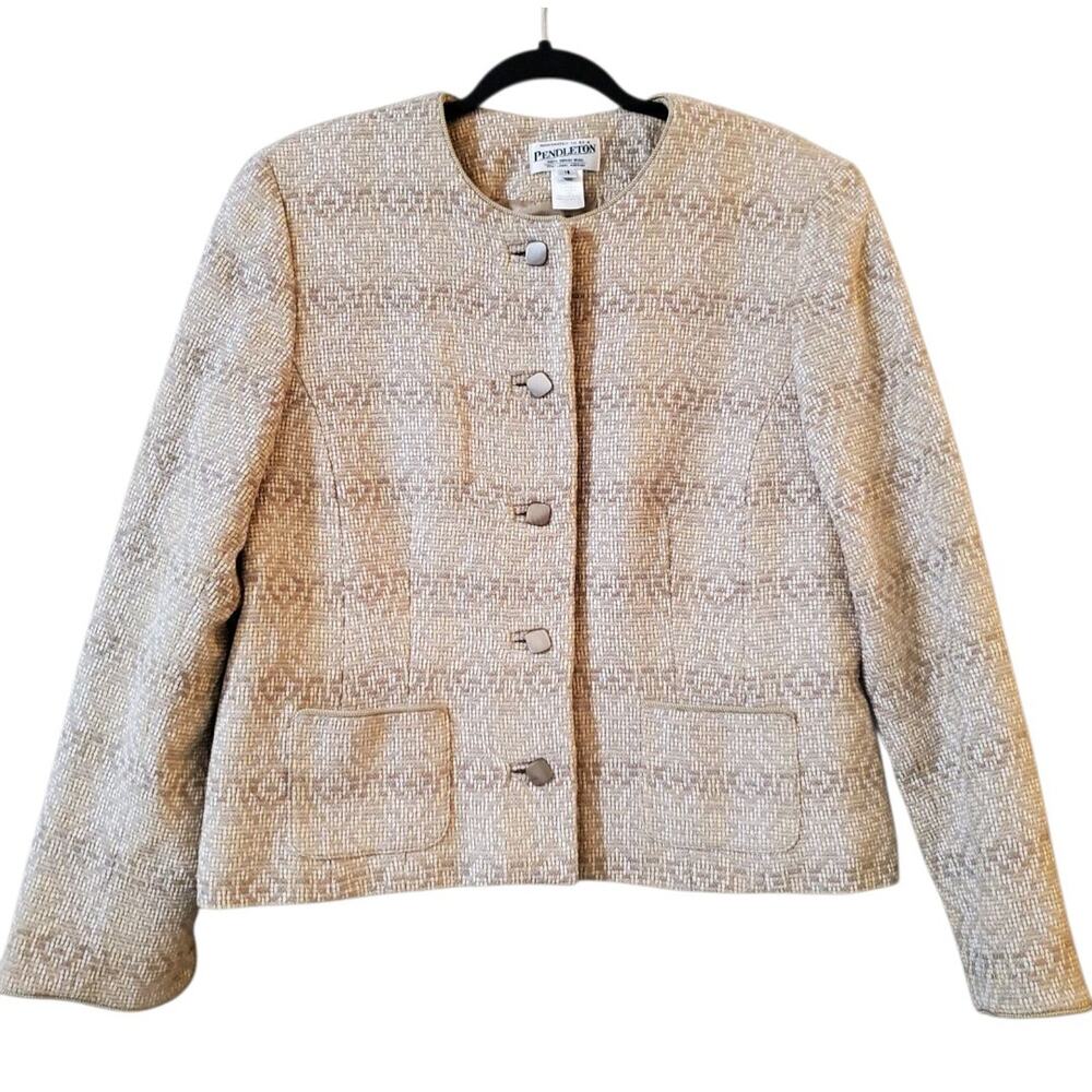 VTG Pendleton Womens Virgin Wool Tweed Woven Blazer Size 16 Beige 5-Button Front